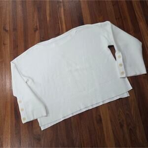 J. Crew White Sweater with Button Details On Sleeves Boxy Fit Split Hem
